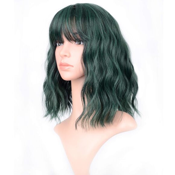 Women's Short Mix Green Wigs Curly Wavy Shoulder Length Pastel Bob - Picture 1 of 3
